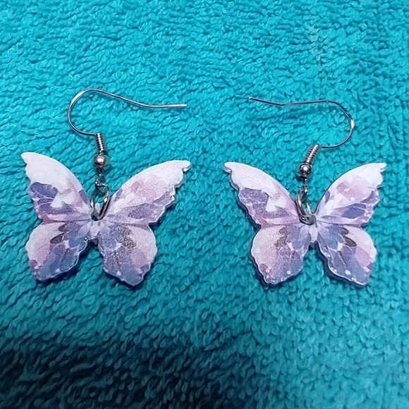 Purple pink white wire dangle butterfly earrings - Picture 3 of 3